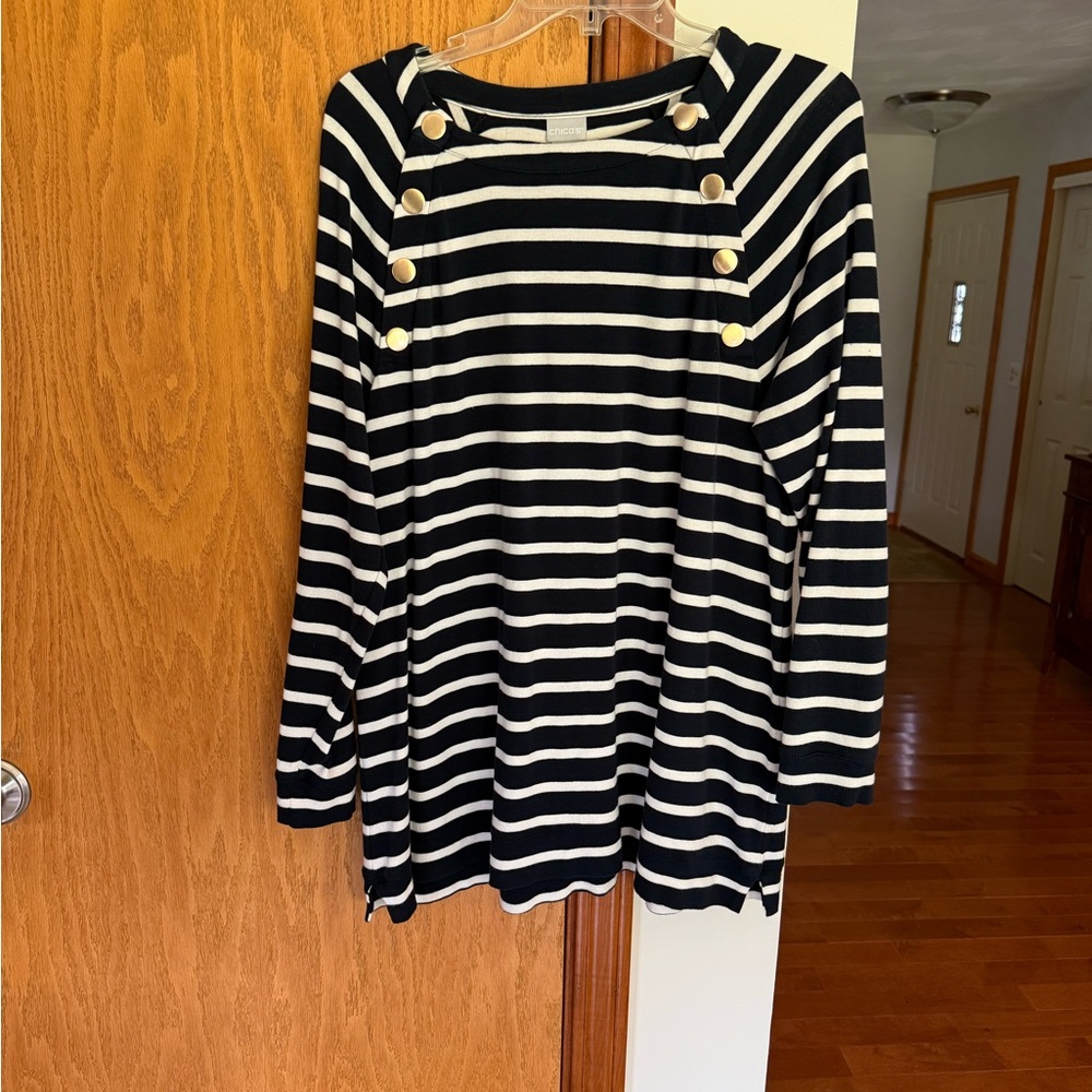 Chico's navy and White Striped Top with Gold Buttons